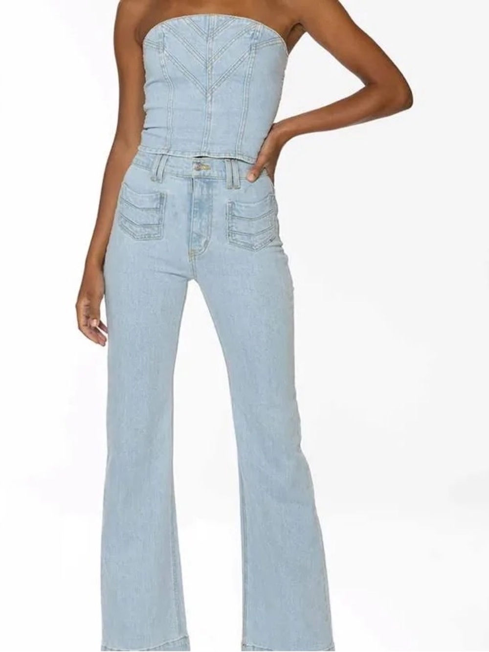 REVICE Light Blue Denim Bustier and Jeans Set